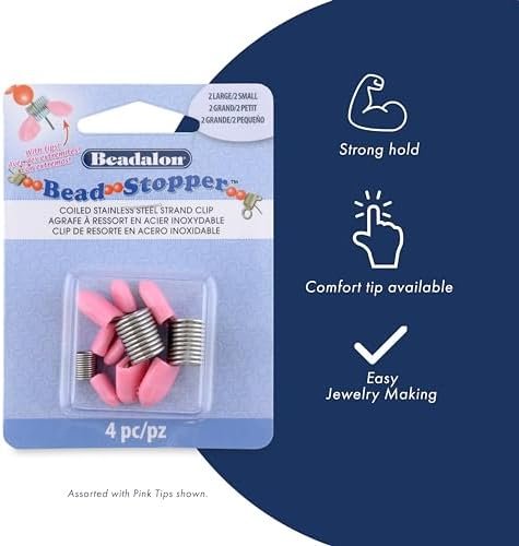 Beadalon Jewelry Making Bead Stopper - Metal & Pink Tips, Combo Pack, 4 pc | Stainless Steel with Easy Squeeze, Secure Bead Holding and Portable Design, Compatible with beading wire, thread, and string