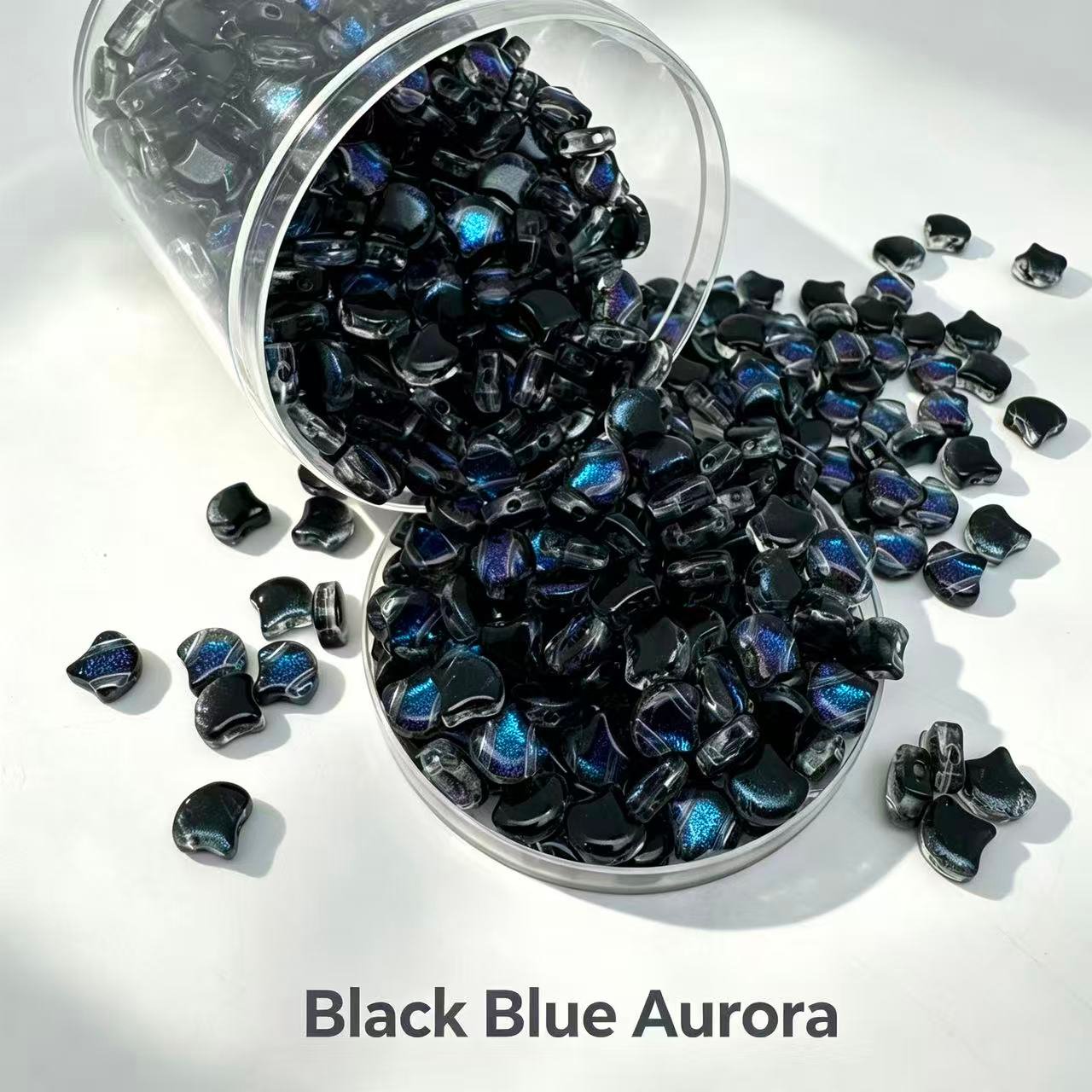 Czech Double Hole Ginko Beads - Black Blue Aurora Czech Double Hole Ginko Beads
