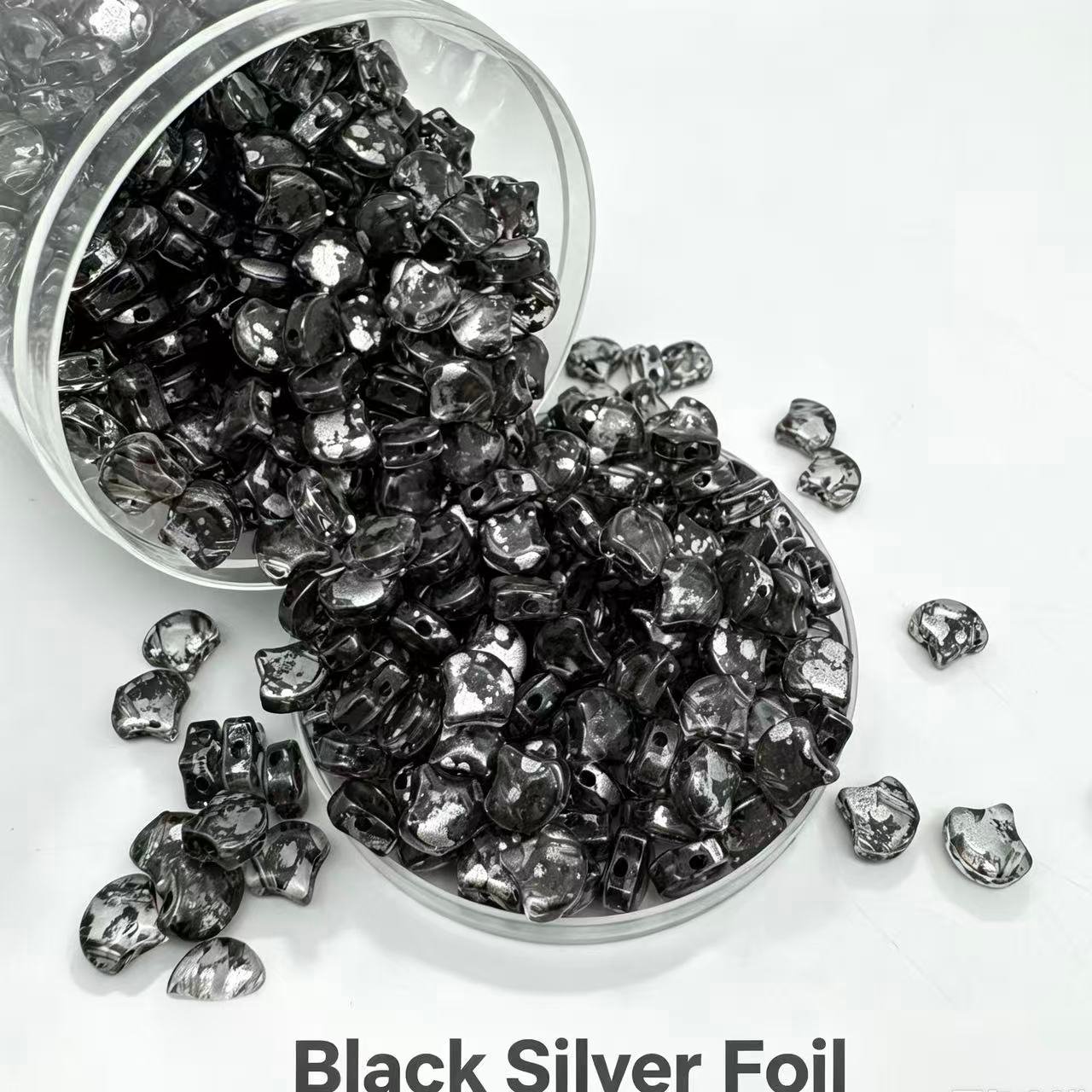 Czech Double Hole Ginko Beads - Black Silver Foil Czech Double Hole Ginko Beads