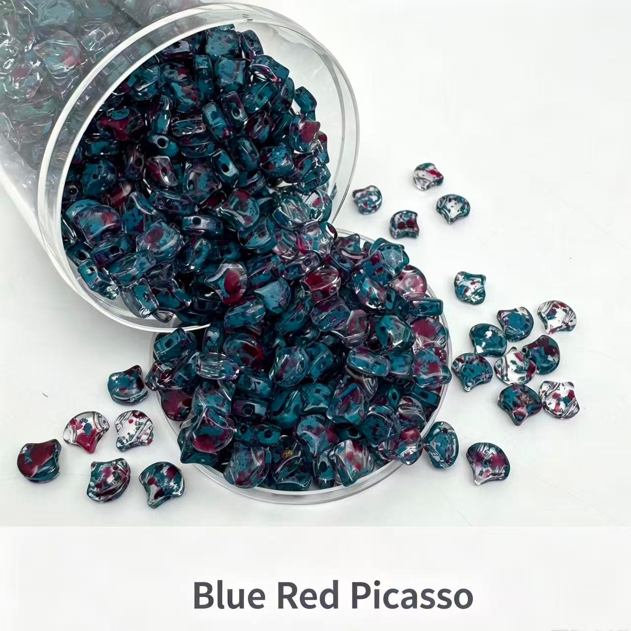 Czech Double Hole Ginko Beads - Blue Red Picasso Czech Double Hole Ginko Beads
