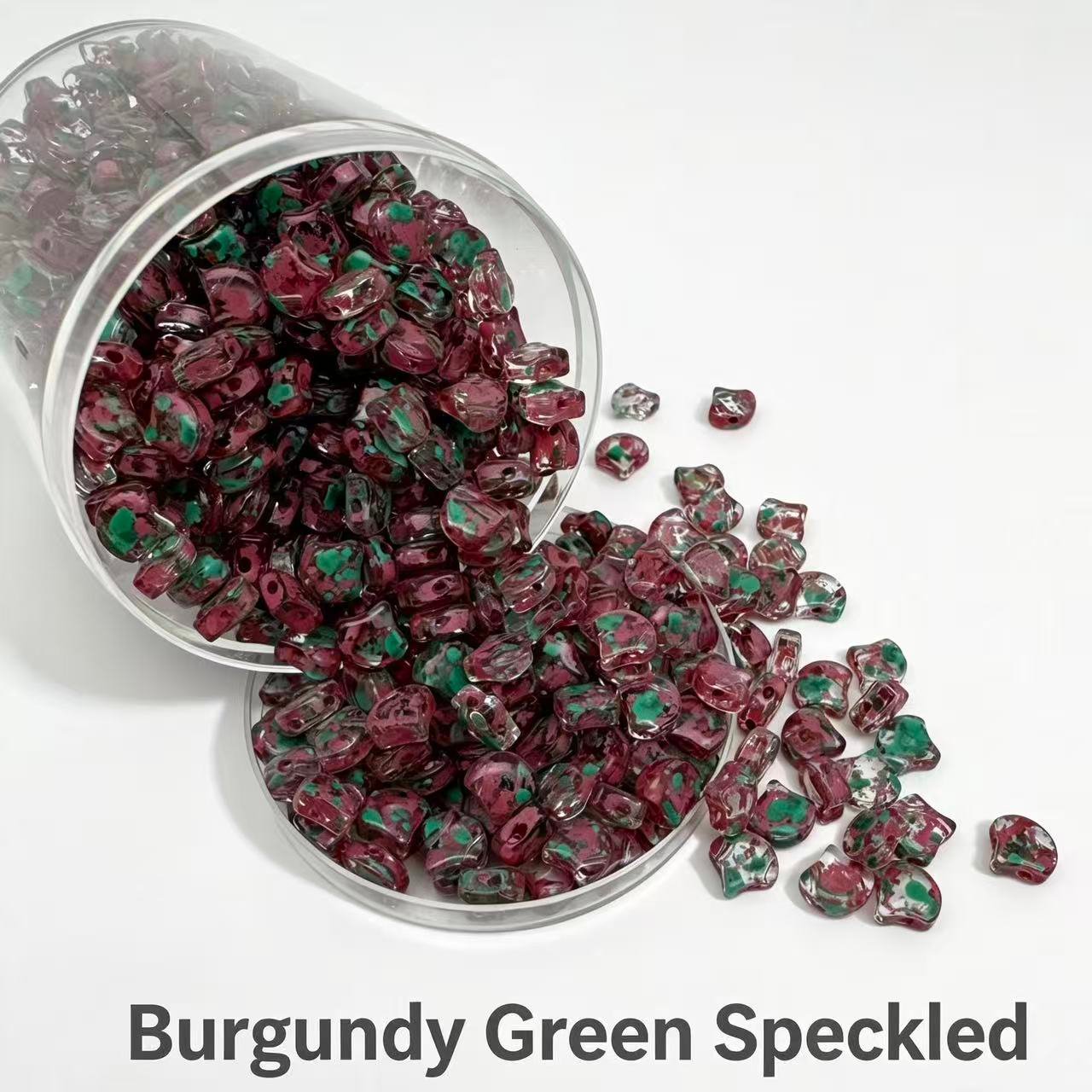 Czech Double Hole Ginko Beads - Burgundy Green Speckled Czech Double Hole Ginko Beads
