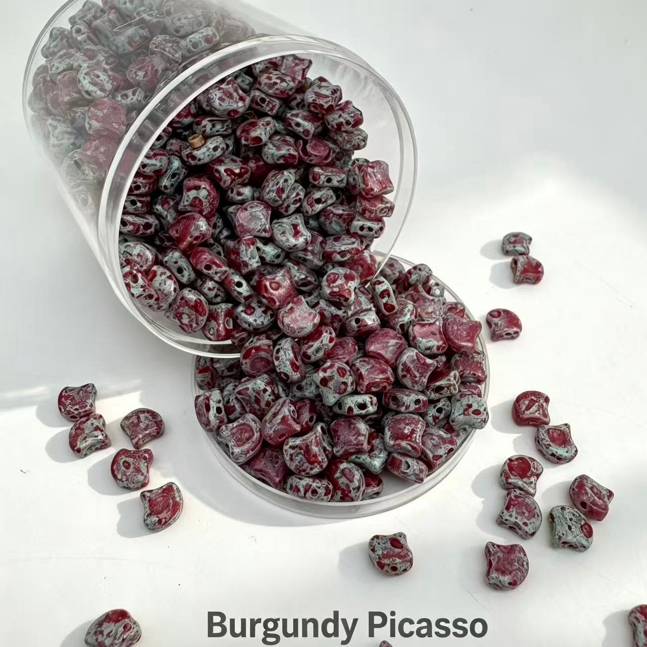 Czech Double Hole Ginko Beads - Burgundy Picasso Czech Double Hole Ginko Beads