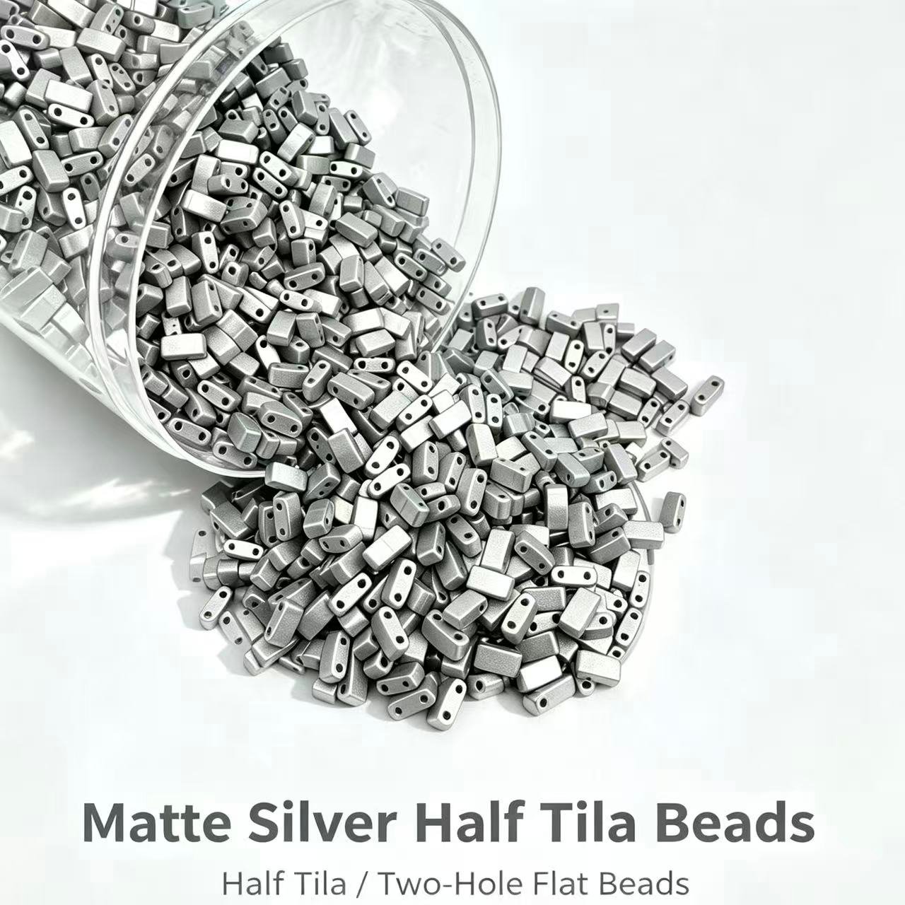 Czech_Tila_two_hole_beads - Matte Silver Half Tila Czech_Tila_two_hole_beads