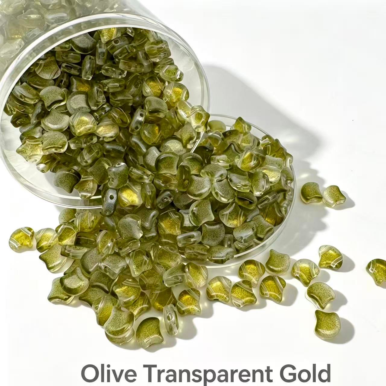 Czech Double Hole Ginko Beads - Olive Transparent Gold Czech Double Hole Ginko Beads