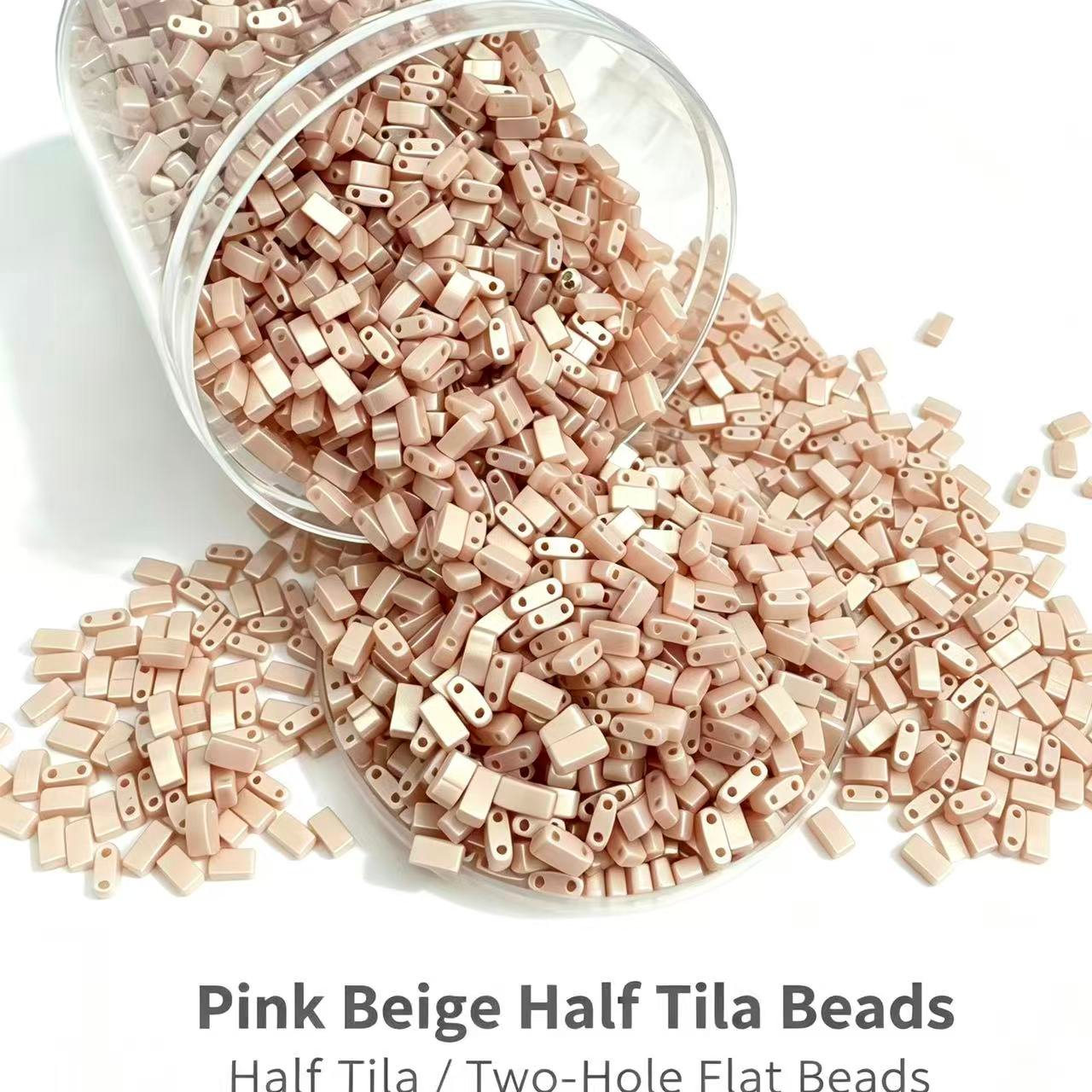 Czech_Tila_two_hole_beads - Pink Beige Half Tila Czech_Tila_two_hole_beads